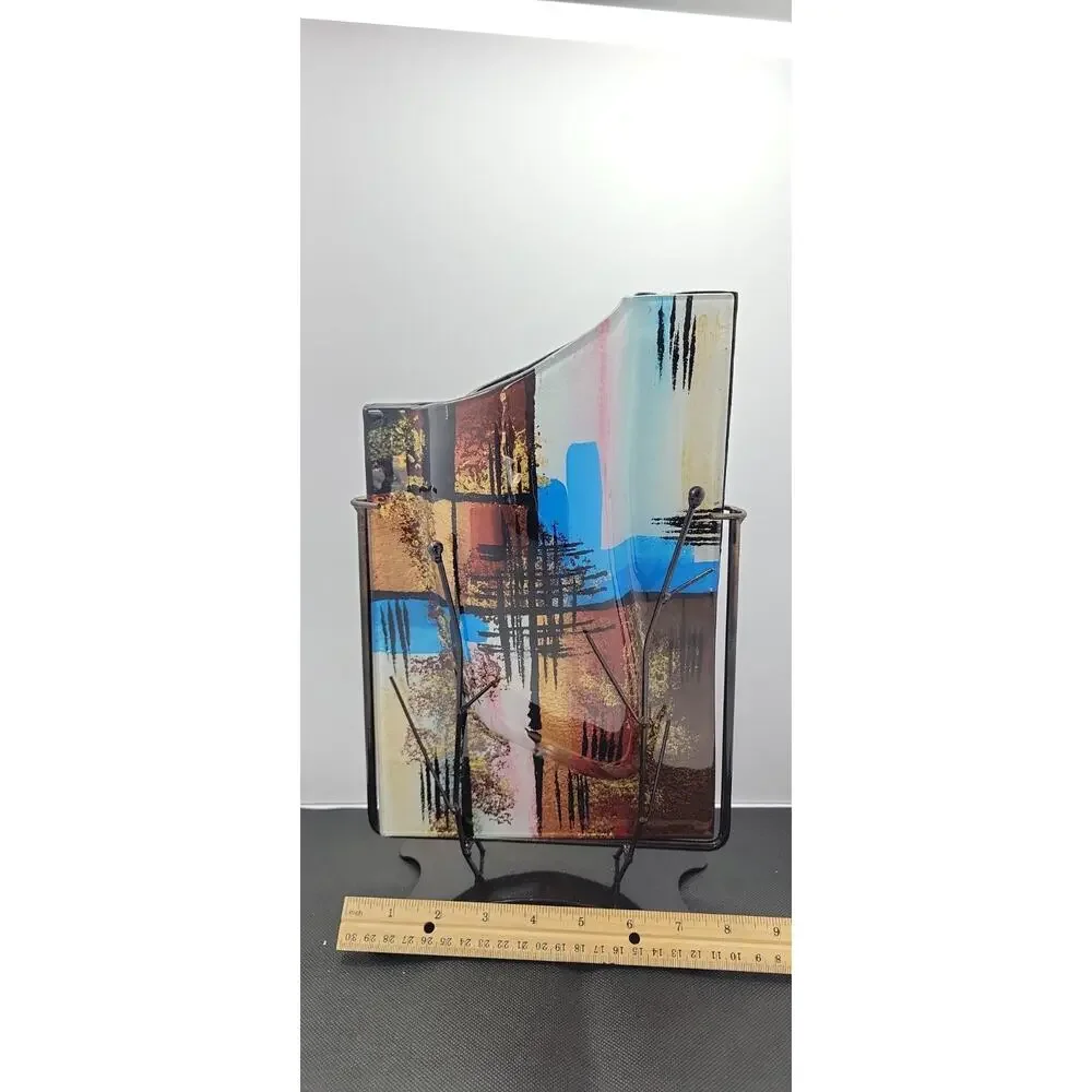 Abstract Art Glass Vase w/ Metal Stand Mid Century Modern Multicolor Decorative